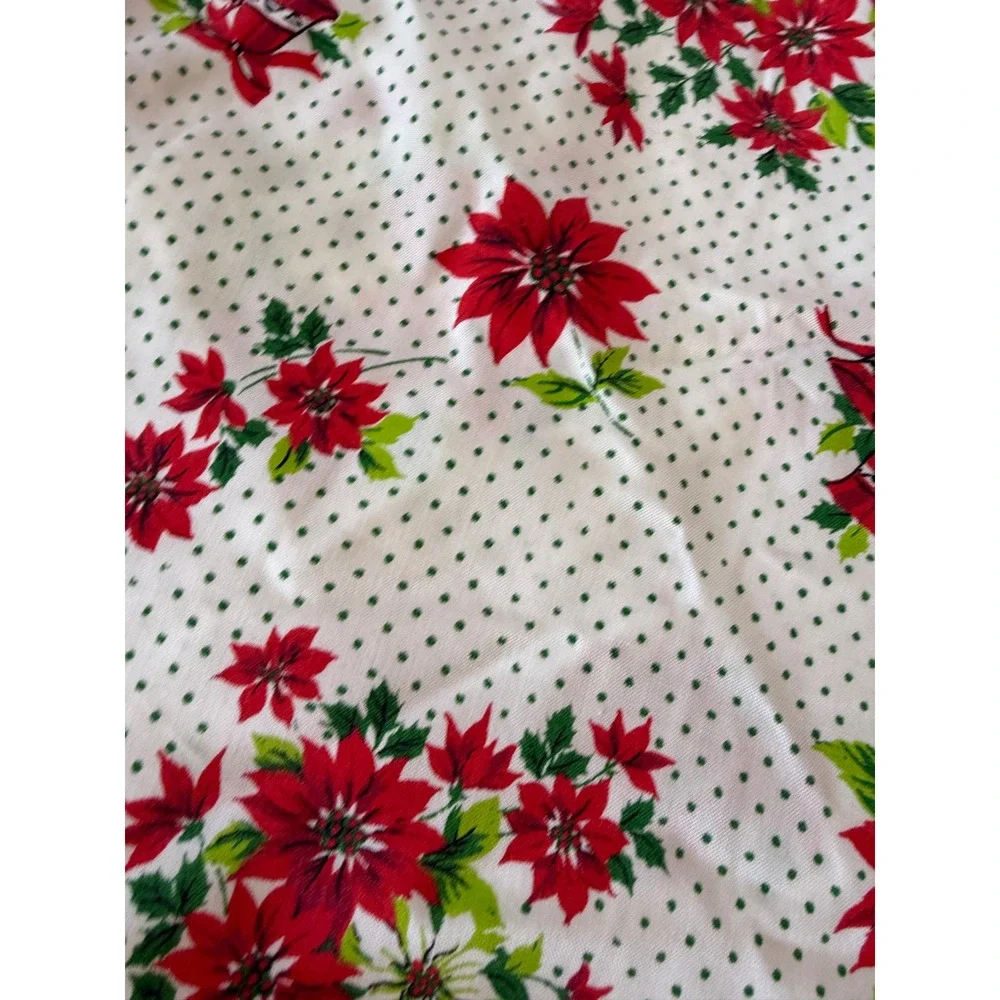 Vintage Christmas Tablecloth Poinsettia Polka Dot Red Ruffle Round 55 Inch